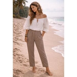 J Jill Love Linen Blend Pants Brown Cropped Elastic Waist Casual Women M coastal